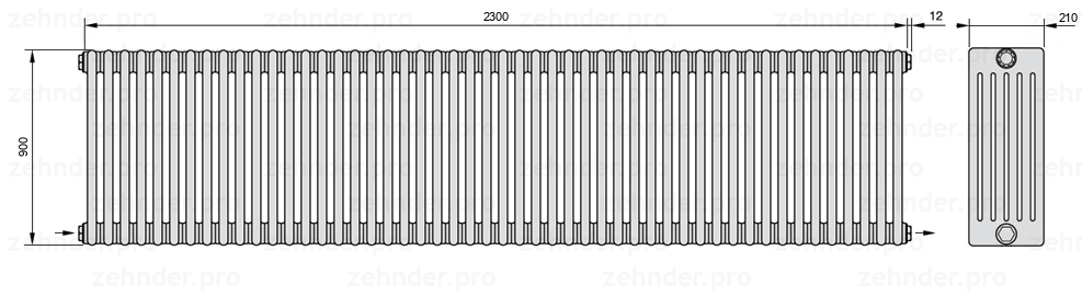 Схема (чертеж) Радиатор Zehnder Charleston 6090/50 №2670 Белый глянцевый RAL 9016